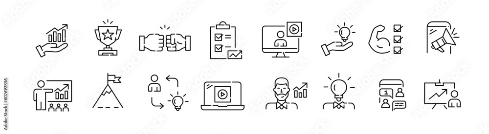 Coaching and mentoring. Business success strategies. Pixel perfect, editable stroke line icons set