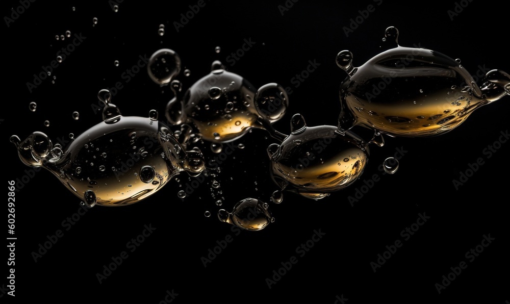  a group of bubbles floating in the air on a black background.  generative ai