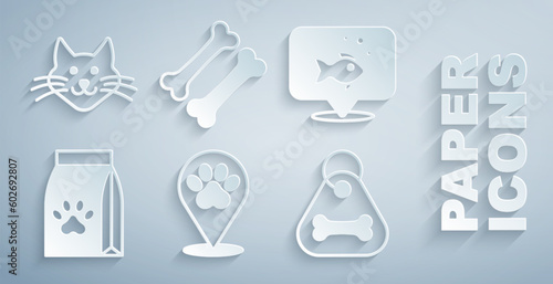 Set Location veterinary hospital  Fish  Bag of food for pet  Dog collar with bone  and Cat icon. Vector
