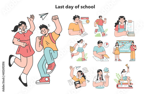 Last day of school set. Happy children quitting education, looking