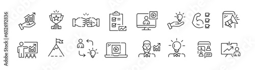 Coaching and mentoring. Business success strategies. Pixel perfect, editable stroke line icons set