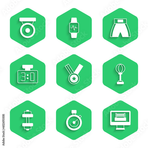 Set Medal, Stopwatch, Boxing ring, Punching bag, Dumbbell, Sport mechanical scoreboard, short and gong icon. Vector