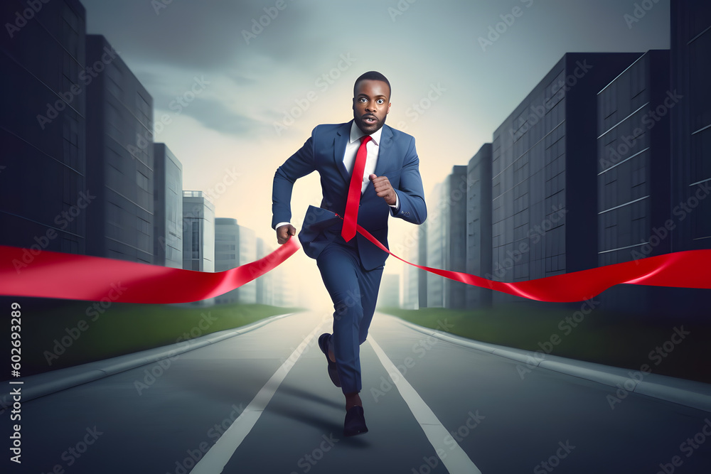 Businessman black man running on the treadmill of a large stadium