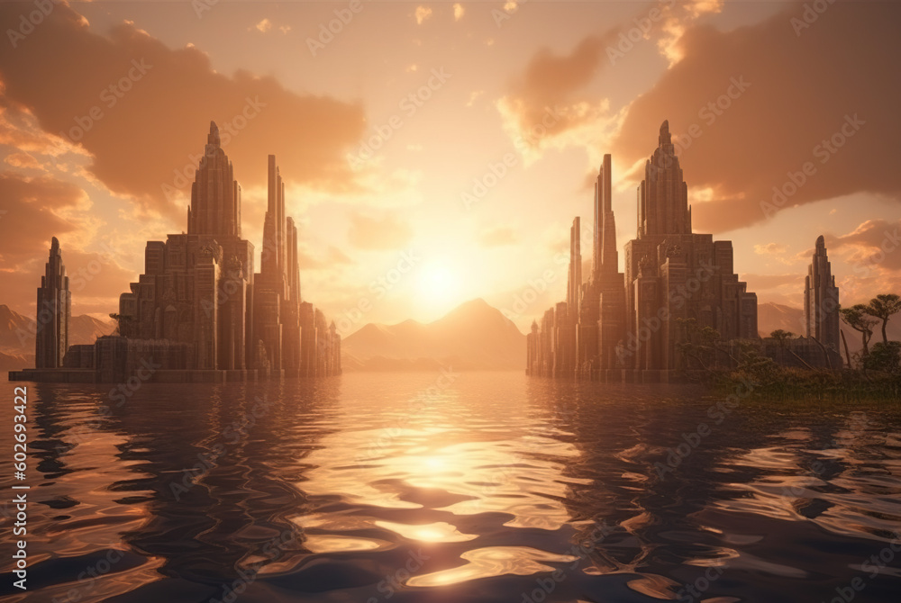 Fototapeta premium Fantasy city surrounded by river on the sunny landscape. Ancient castle in morning sun rays. Generated AI. Generative AI