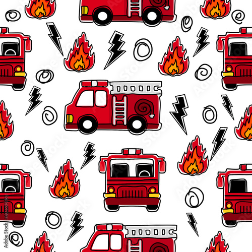 Cartoon pattern.Fire collection.firefighter pattern.Fire truck and equipment pattern