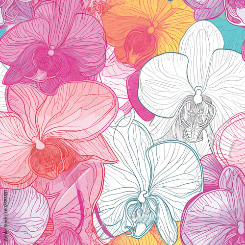 Seamless Colorful Orchid Pattern.  Seamless pattern of orchids in colorful style. Add color to your digital project with our pattern 