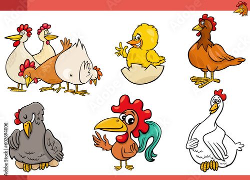 cartoon chickens farm birds comic characters set