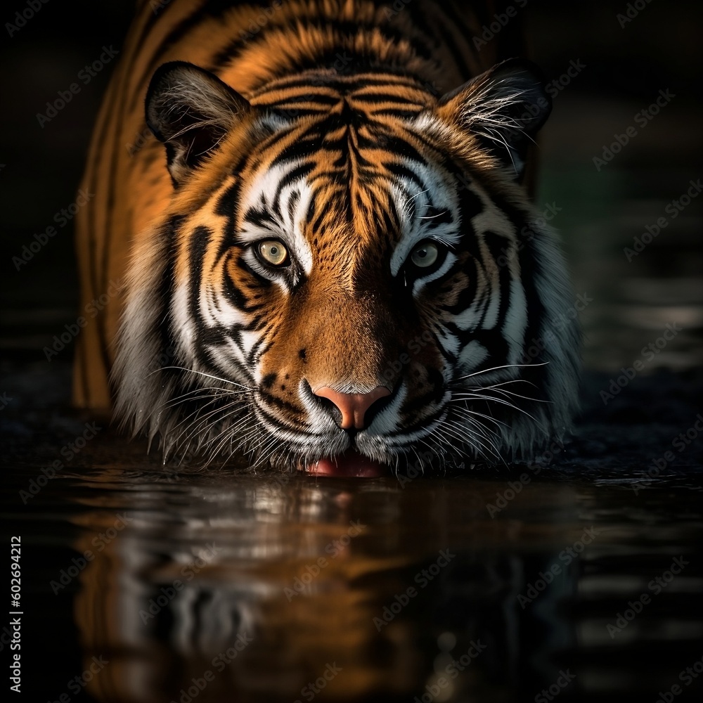 A tiger drinking from a river. Generative AI
