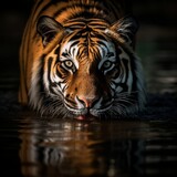 A tiger drinking from a river. Generative AI