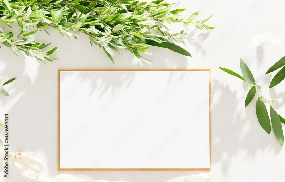 Summer wedding stationery mock-up scene. Blank greeting card, olive tree leaves and branches in sunlight. White table background with palm shadows, generative ai - obrazy, fototapety, plakaty 