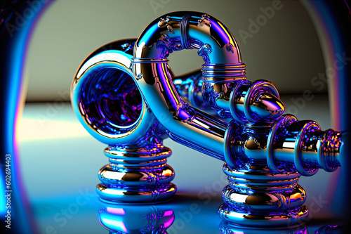 Abstract chrome pipes composition. Industry themed background with shiny metallic connected pipes. Generated AI. Generative AI photo