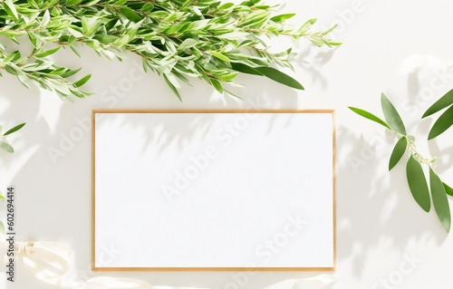 Summer wedding stationery mock-up scene. Blank greeting card, olive tree leaves and branches in sunlight. White table background with palm shadows, generative ai