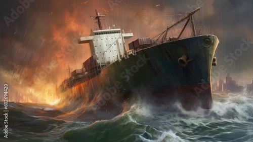Cargo Ship Crashes In A Storm. Generative AI