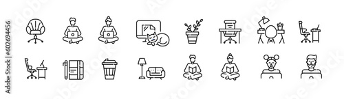 People working from home. Desk and chair, people, laptop and desktop. Pixel perfect, editable stroke icons set
