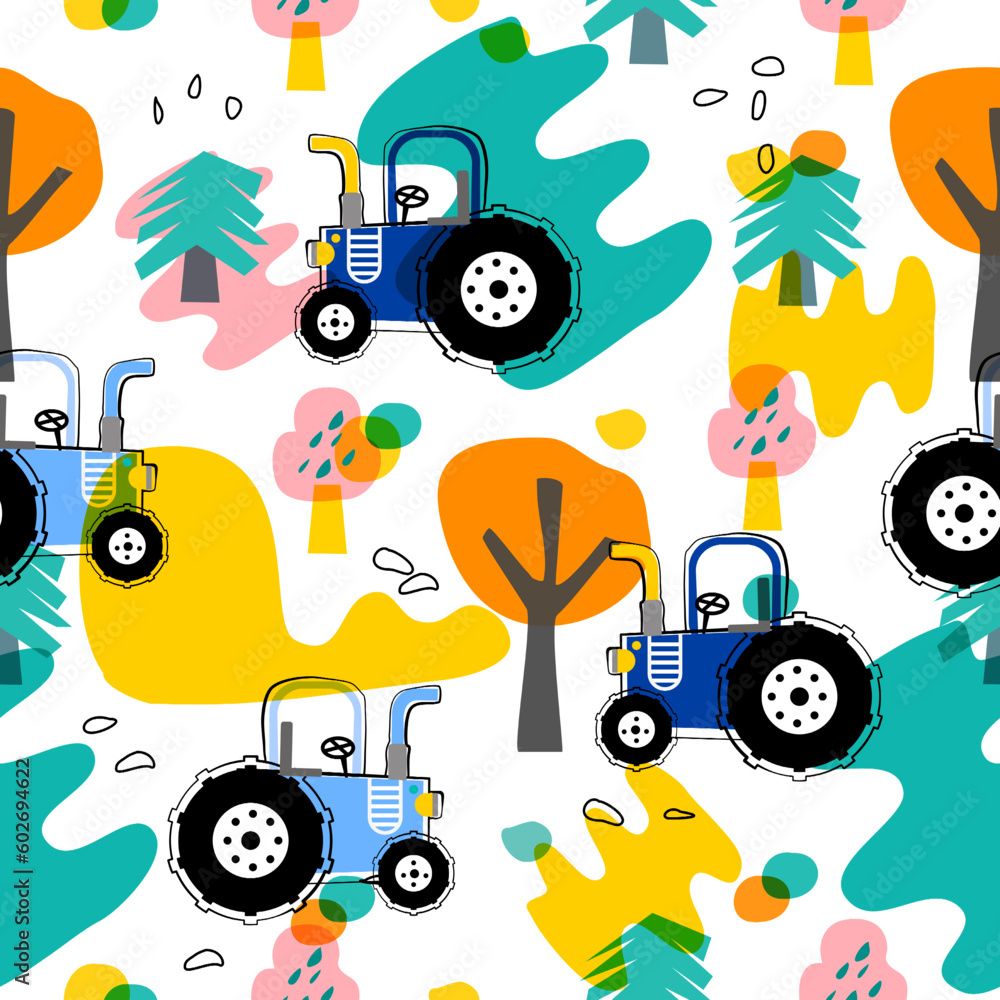 Farm pattern design.Cute tractor  and vehicle ,cute animal on dark background. pattern.tractor pattern design for kids clothing ,card, fabric.tractor truck abstract seamless pattern