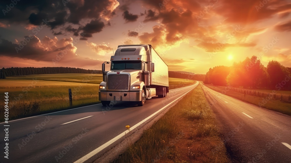 A White Moving Truck Driving On A Highway With A Beautiful Sunset In The Background. Generative AI