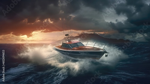 Speedboat In A Storm Ocean. Generative AI