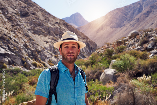 portrait mid adult caucasian man hiking outdoors in Elqui Valley