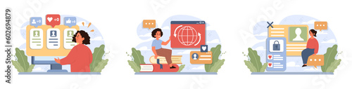 Children in social media set. Kid with phone or laptop surfing social
