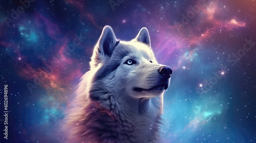 Siberian Husky Dog Nebulae And Galaxies Float In Space In Smokelike Clouds Of Gas. Generative AI