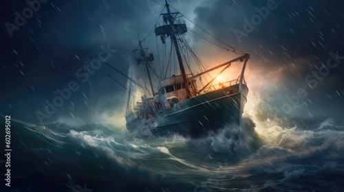Fishing Boat In A Storm Ocean. Generative AI