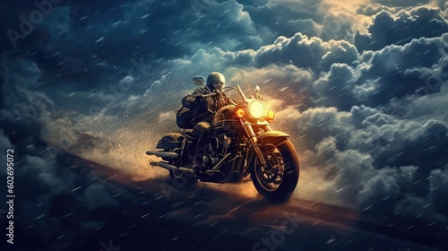 Flying Motorcycle In A Storm. Generative AI