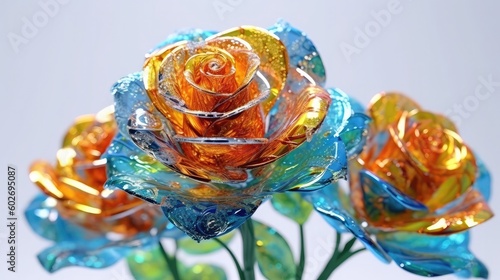 Orange Green And Blue Rose Flowers Glitter Super Detail. Generative AI