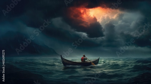 Canoe In A Storm With Rays Of Sunshine. Generative AI