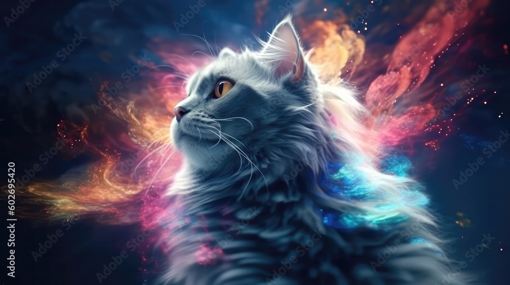 American Curl Cat Nebulae And Galaxies Float In Space In Smokelike Clouds Of Gas. Generative AI