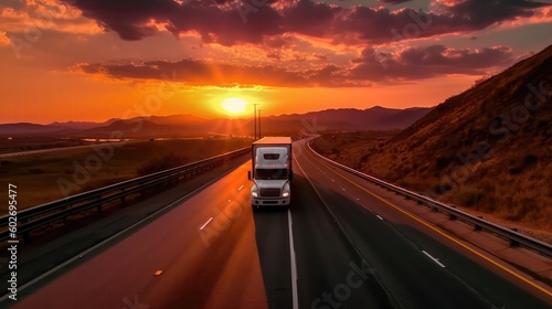 A White Moving Truck Driving On A Highway With A Beautiful Sunset In The Background. Generative AI © Ян Заболотний