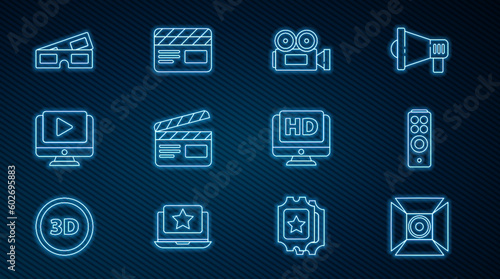 Set line Movie spotlight, Remote control, Cinema camera, clapper, Online play video, 3D cinema glasses, Monitor with HD and icon. Vector