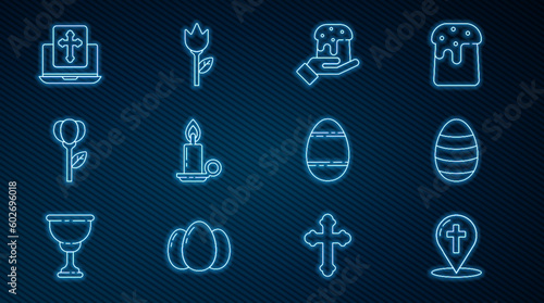 Set line Map pointer with christian cross  Easter egg  Human hand and easter cake  Burning candle candlestick  Flower tulip  Cross on the laptop screen  and icon. Vector