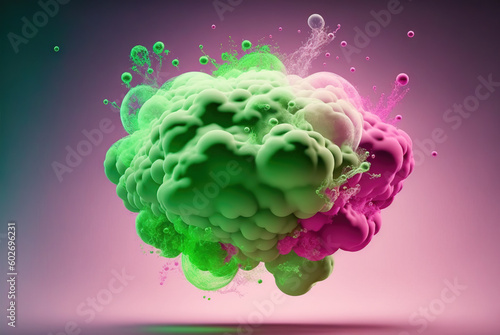Abstract foam clouds with splashing forms and drops. Colorful foam cloud background. Generated AI. Generative AI