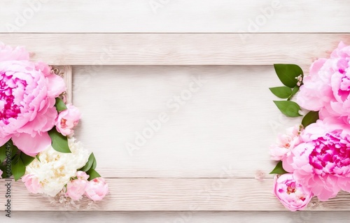 Decorative floral frame, banner made of pink and white peonies flowers. Old grey wooden table background. Empty copy space. Flat lay, top view. Summer wedding or birthday, generative ai