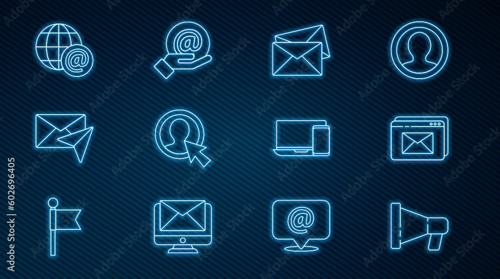 Set line Megaphone, Website and envelope, Envelope, Create account screen, Earth globe with mail, Monitor and Mail e-mail in hand icon. Vector Set line Megaphone, Website and envelope, Envelope, Create account screen, Earth globe with mail, Monitor and Mail e-mail in hand icon. Vector