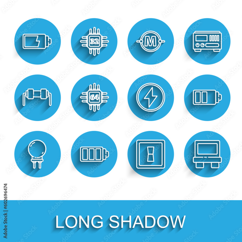 Set line Light emitting diode, Battery charge level indicator, Electric light switch, Fuse, Processor with microcircuits CPU, and Lightning bolt icon. Vector Set line Light emitting diode, Battery charge level indicator, Electric light switch, Fuse, Processor with microcircuits CPU, and Lightning bolt icon. Vector