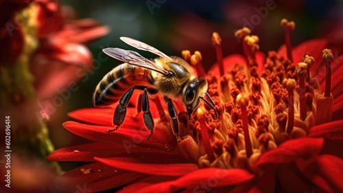 Honey bee on beautiful red flower AI generative 