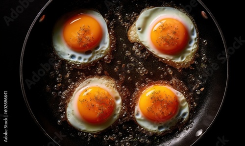  three fried eggs in a frying pan on a stove. generative ai