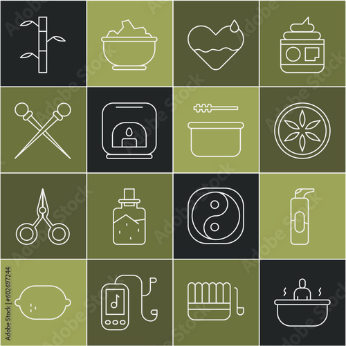 Set line Bathtub, Spray can for hairspray, Leaf plant nature, Heart heal, Aroma lamp, Knitting needles, Bamboo stems with leaves and Sauna bucket and ladle icon. Vector