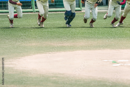 Obraz w ramie 野球の試合で両チームが整列して挨拶する選手たち