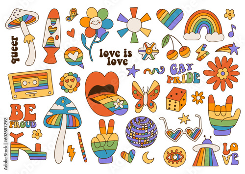 Big Set of Rainbow Multicolor LGBTQ elements in 70s Cute Retro Hand Drawn Style. Homosexuality Rights Pride Month Parade Decoration stickers Collection. Vintage linear vector illustration.