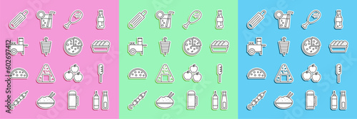 Set line Sauce bottle, Fried sausage, Chicken nuggets in box, leg, Grilled shish kebab, Fast street food cart, French hot dog and Pizza icon. Vector