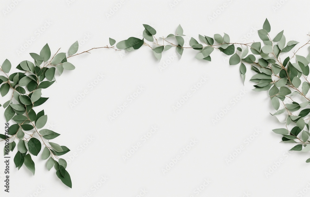 Minimal floral frame made of dry eucalyptus tree leaves and branches. Green rectangular wreath isolated on white table background. Natural composition, decor. Flat lay, top view. Generative AI Minimal floral frame made of dry eucalyptus tree leaves and branches. Green rectangular wreath isolated on white table background. Natural composition, decor. Flat lay, top view. Generative AI