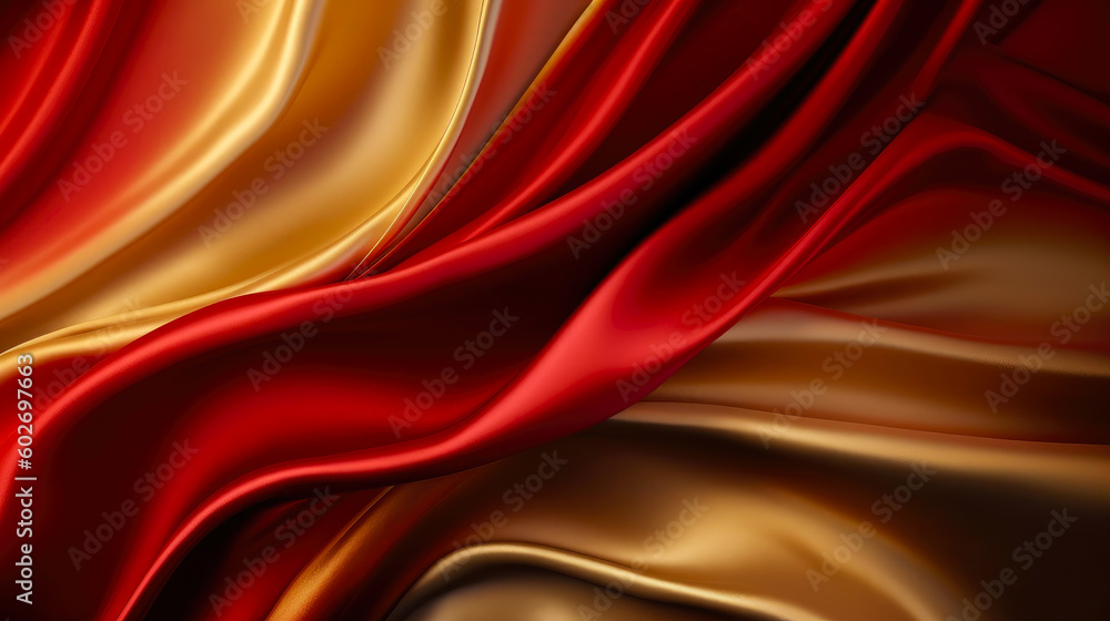 Obraz premium Close-up of wavy red and yellow satin silk fabric abstract background of elegant burgundy silk or satin with smooth folds. 3D rendering, abstract background, satin, silk, waves. Generated AI