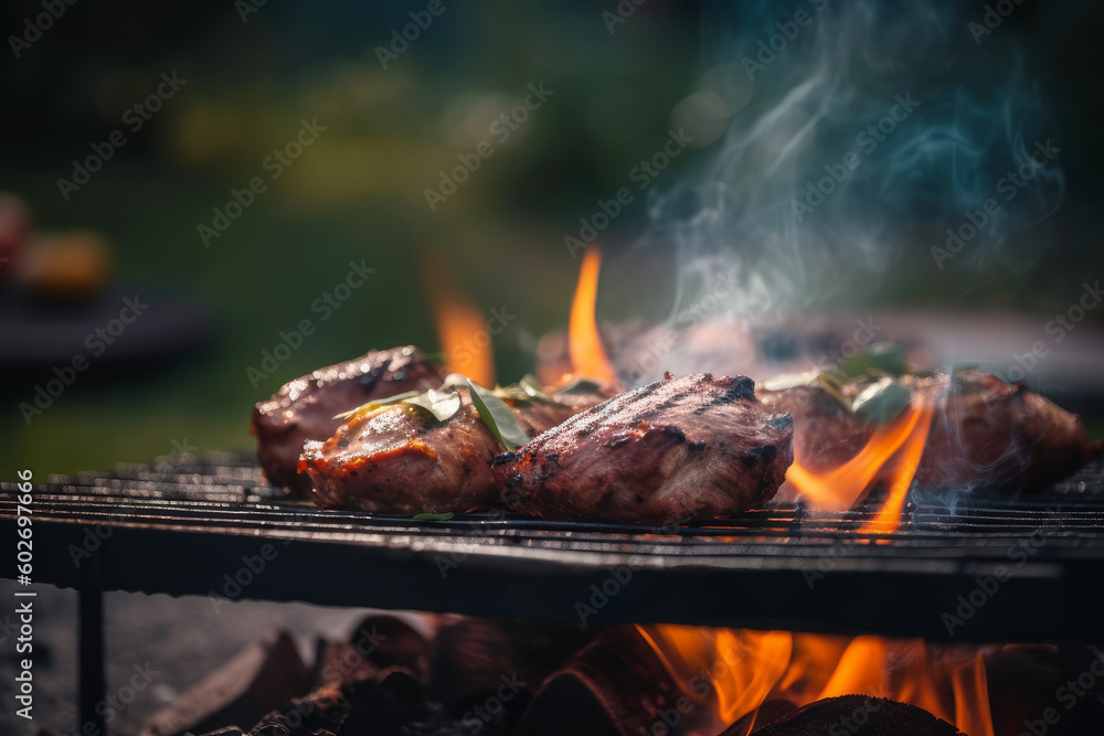 Steaks are grilled with vegetables on a grill outside on a sunny day. Summer barbecue party concept. Generative AI