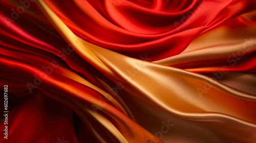 Close-up of wavy red and yellow satin silk fabric abstract background of elegant burgundy silk or satin with smooth folds. 3D rendering, abstract background, satin, silk, waves. Generated AI