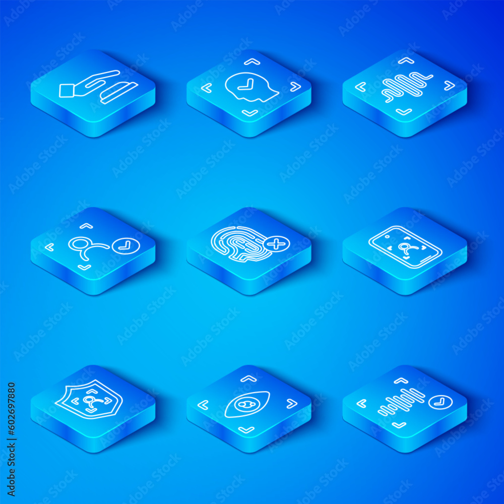 Set line Shield face recognition, Rejection fingerprint, Eye scan, Mobile and, Voice, Face, Palm and icon. Vector Set line Shield face recognition, Rejection fingerprint, Eye scan, Mobile and, Voice, Face, Palm and icon. Vector