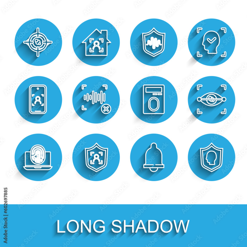 Set line Laptop with fingerprint, Shield face recognition, Eye scan, Motion sensor, User protection, Rejection voice, and Fingerprint lock icon. Vector Set line Laptop with fingerprint, Shield face recognition, Eye scan, Motion sensor, User protection, Rejection voice, and Fingerprint lock icon. Vector