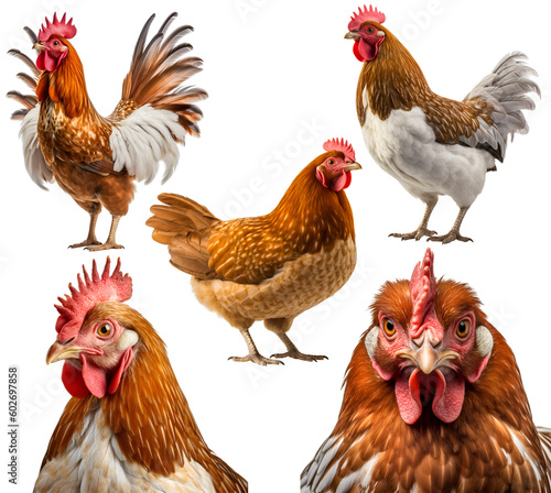 Chicken hen, many angles and view portrait side back head shot isolated on transparent background cutout ,  PNG file,