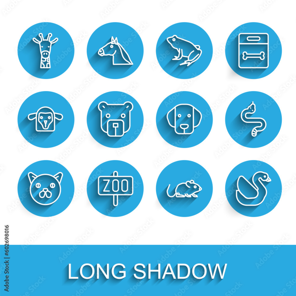 Set line Cat, Zoo park, Giraffe head, Rat, Swan bird, Bear, Snake and Dog icon. Vector Set line Cat, Zoo park, Giraffe head, Rat, Swan bird, Bear, Snake and Dog icon. Vector